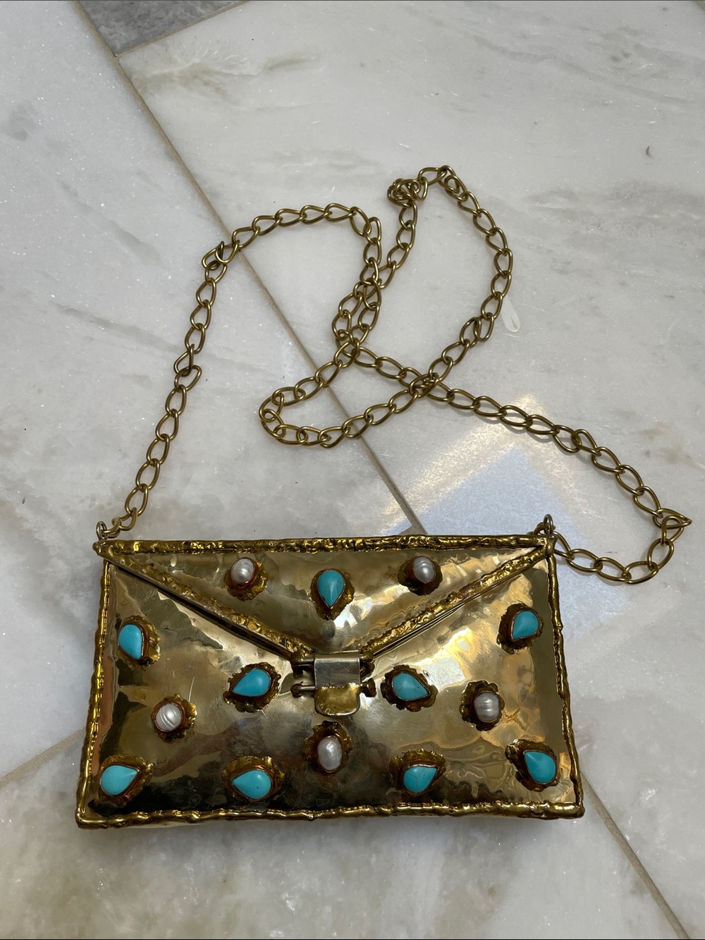 Gold Envelope Clutch with Turquoise and Pearl Accents